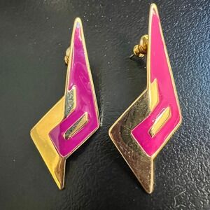 Vintage Pierced Earrings Lightning‎ Bolt Magenta Purple Enamel and Gold Tone